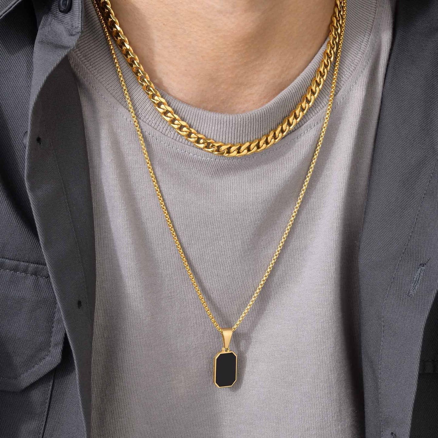 Jewelify Gold-Plated Stainless Steel Black Square Natural Stone Pendant for Men - Jewelify Shop