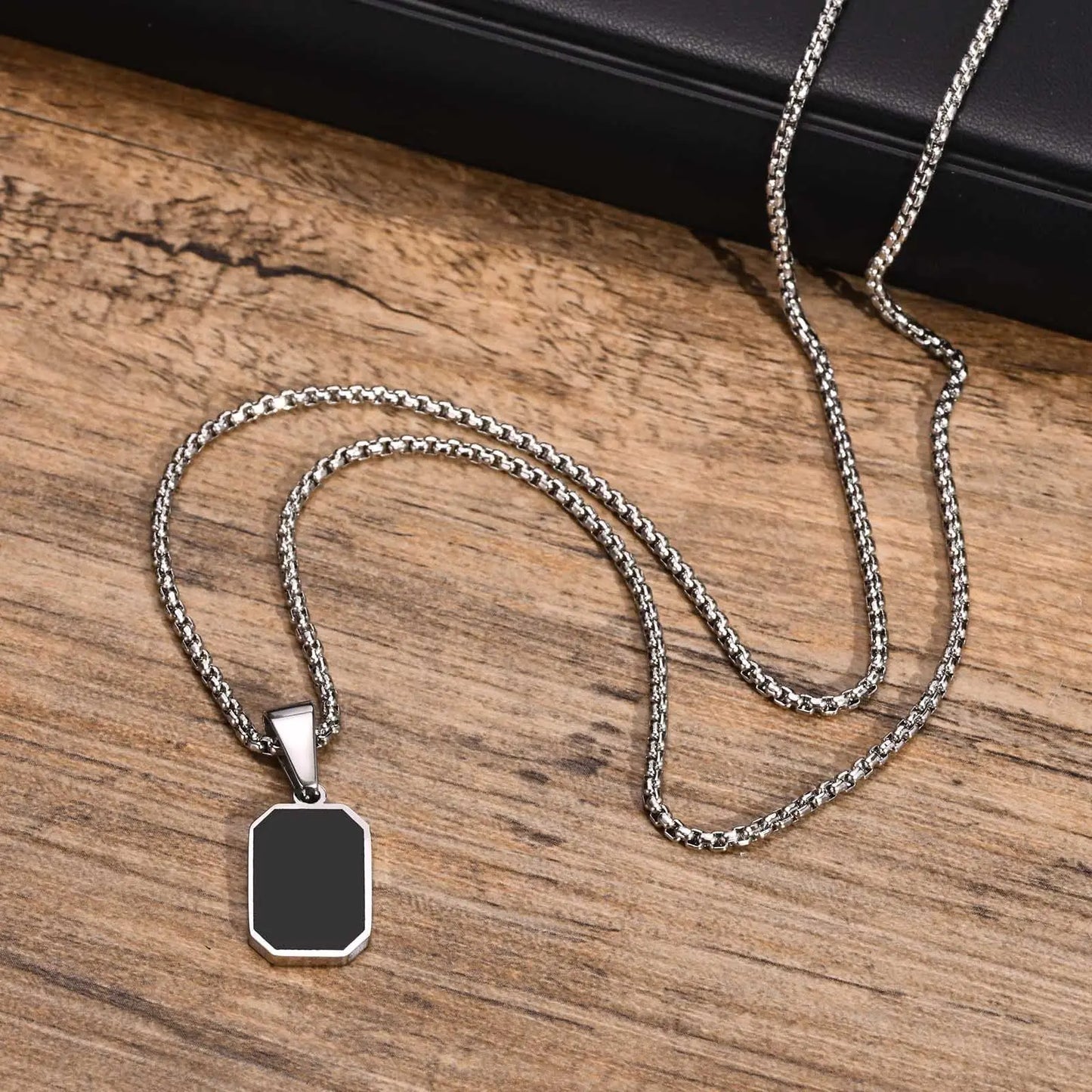 Silver Stainless Steel Black Square Natural Stone Men - Jewelify Shop