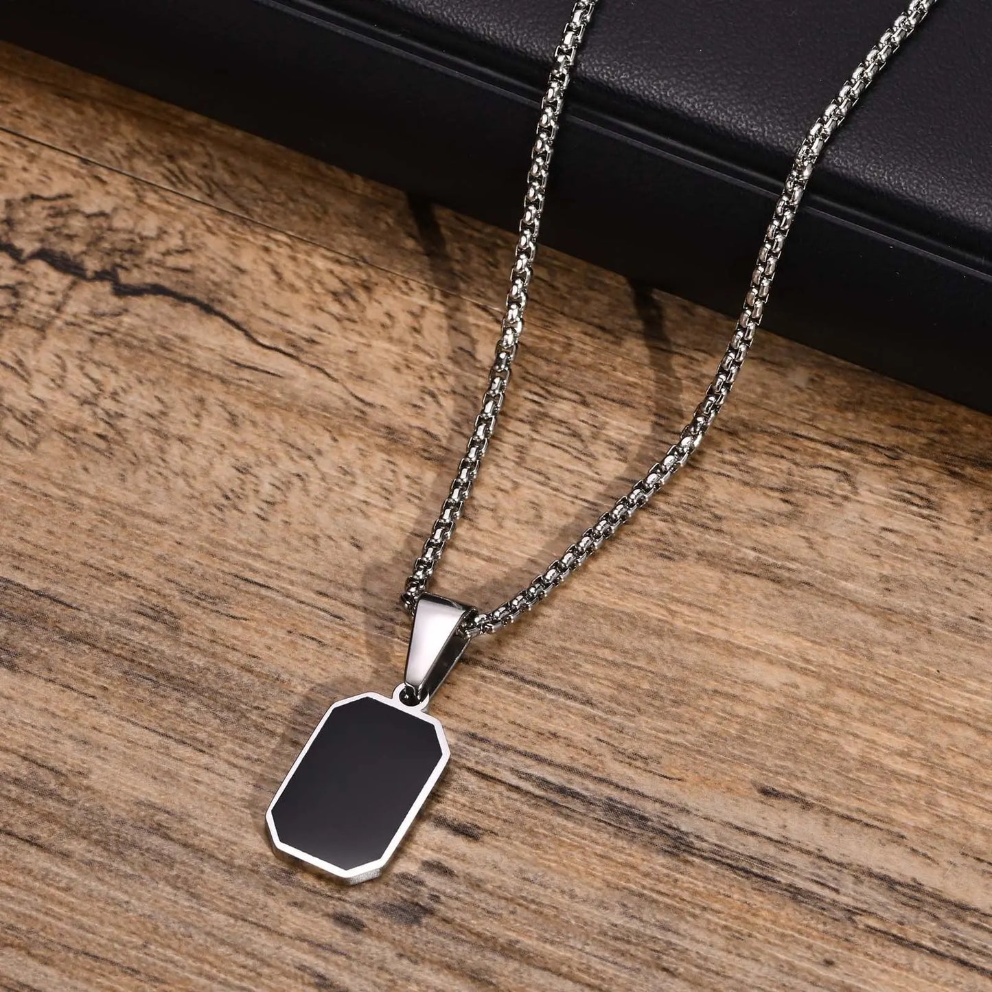 Silver Stainless Steel Black Square Natural Stone Men - Jewelify Shop